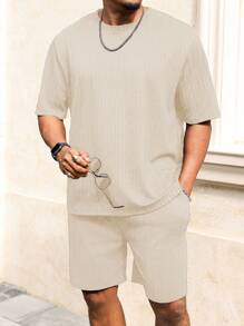 Manfinity Homme Plus Size Men Summer Casual Solid Color T-Shirt & Shorts Set - Beige - View 1
