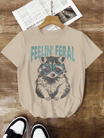 SHEIN Unity Áo crop top tay ngắn in họa tiết gấu hoạt hình thoải mái cho nữ, thích hợp mặc ở nhà và đi nghỉ vào mùa xuân/hè