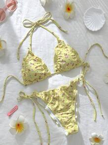 Swim Mod Swimwear Women Summer Random Floral Print Spaghetti Strap Ruffle Sexy Bikini Set - Yellow - View 1