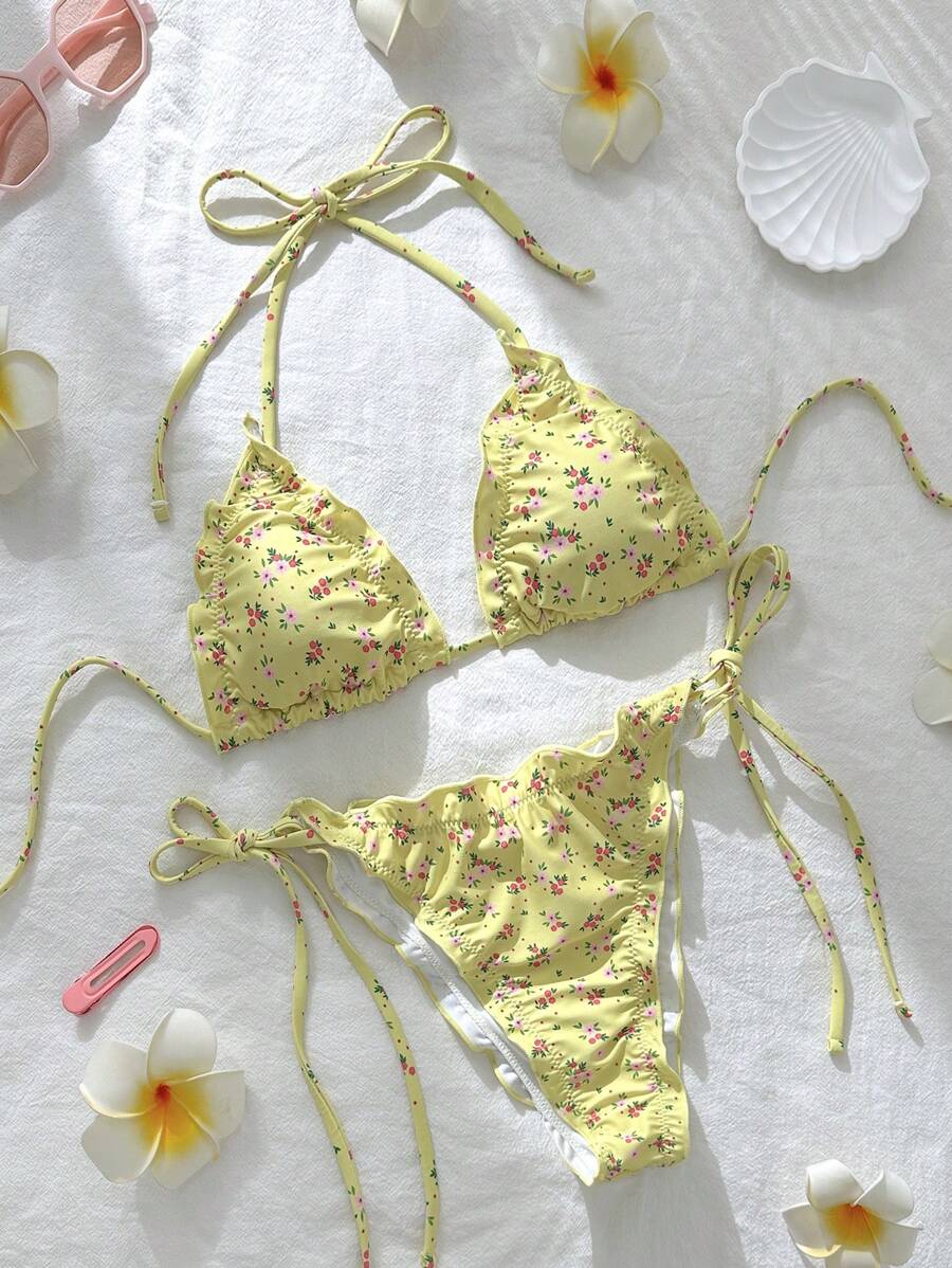 Swim Mod Swimwear Women Summer Random Floral Print Spaghetti Strap Ruffle Sexy Bikini Set - Yellow - View 1