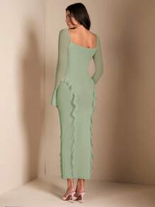 SHEIN BAE Elegant Floral 3D Decor Long Sleeve Ruffled Hem Dress, Perfect For Daily Wear, Dates, Outings, Parties, Fall Outfit For Women,Mint Green Dress