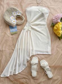 Soleia 女士亮橙色热带岛屿度假村露肩褶饰荷叶边系带海星装饰海滩迷你连衣裙 - 白色 - 查看 5