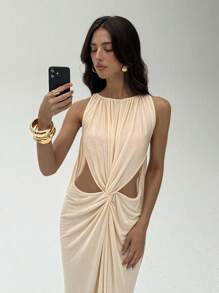 Aloruh 女士优雅婚礼宾客礼服生日派对节日性感仙女裙纯色长裙杏色无袖镂空修身连衣裙 - 杏色 - 查看 5