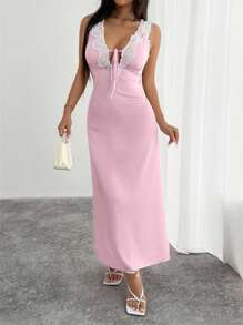 INAWLY Women's Solid Color Lace Splice Deep V-Neck Front Tie Mini Dress - Pink - View 3