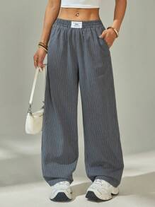 SHEIN PETITE Women's Letter & Striped Pockets Casual Straight-Leg Pants Y2k - Grey - View 6