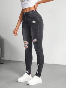 SHEIN Tall Women's Distressed Ripped Denim Jeans, Fashionable For Summer - Black - View 3