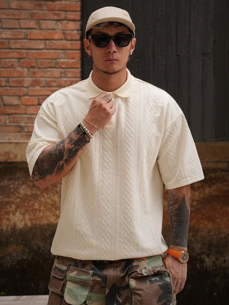 Men's Beige Polo Shirt With Letter Embroidery & Shiny Pearl Design, Summer