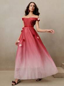 Anewsta 女式优雅渐变色蕾丝网眼2025新款褶皱腰修身长下摆连衣裙，春夏优雅节日度假 - 酒紅色 - 查看 5