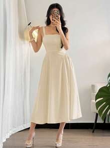 Firerie 女式优雅简约度假海滩黄色褶皱纹理面料细肩带收腰 A 字中长连衣裙，夏季 - 卡其色 - 查看 6