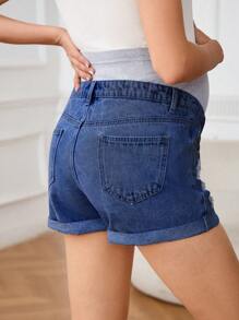 SHEIN Maternity High Waist Pocketed Distressed Casual Versatile Denim Shorts