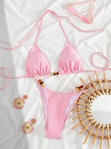 Swim Vcay 2pcs Springbreak Vacation Beach Solid Color Asymmetrical Beaded Halter Tie Sexy Bikini Set For Summer - Pink - View 1