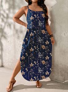 SHEIN LUNE Plus Size Women Textured Leaf Print Vacation Dress, Suitable For Summer,Sun Dresses For Women Chic Dress - Blue - View 5