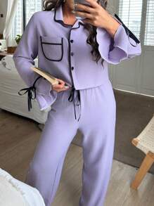 SHEIN Bộ đồ ngủ dài tay viền màu tương phản dành cho nữ, trang phục thu đông - Màu tím - Xem 3