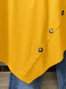 Camiseta de cuello redondo de manga corta de unicolor talla grande, de moda para el verano - Amarillo - Ver 5