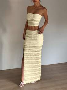 SHEIN Unity Váy ren trắng xẻ tà, bộ 2 món phong cách Boho Beach thường ngày/gợi cảm/ngày lễ dành cho nữ, xuân/hè - Màu vàng - Xem 5