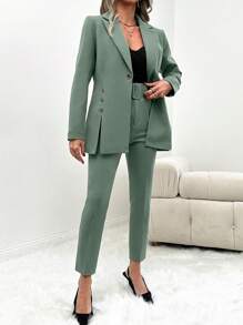 EURMUSE Bộ đồ vest tay dài đơn hàng khuy đơn ve trơn màu cho nữ và quần - Màu xanh Bạc hà - Xem 1