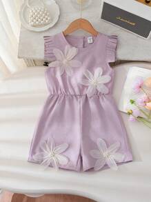 SHEIN Conjunto de monos elegantes y de moda para niñas, incluye top de tirantes sin mangas con detalles fruncidos y pantalones cortos de pierna ancha, mameluco elegante para niñas - Rosa vieja - Ver 3