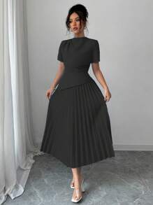 Elenzga 女士春夏通勤度假百褶系带连衣裙 - 黑色 - 查看 3