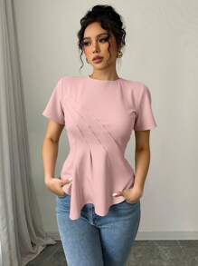 Elenzga Blusa de unicolor con cuello redondo, manga corta, ajustada y con dobladillo fruncido, elegante y versátil para usar en la oficina - Rosa - Ver 4