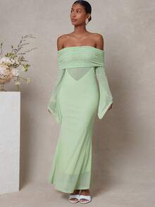 L'Amorae فستان ساتر شفاف مكشوف الكتف باللون الواحد - أخضر نعناع - مشاهدة 4