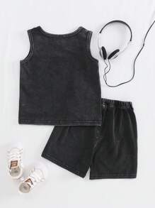 SHEIN Playful Pals 2pcs/Set Young Boys Round Neck Sleeveless Graphic Letter Print Tank Top & Elastic Waist Shorts Sports Outfit, Soft Cotton Casual Summer Tracksuit Summer Holiday