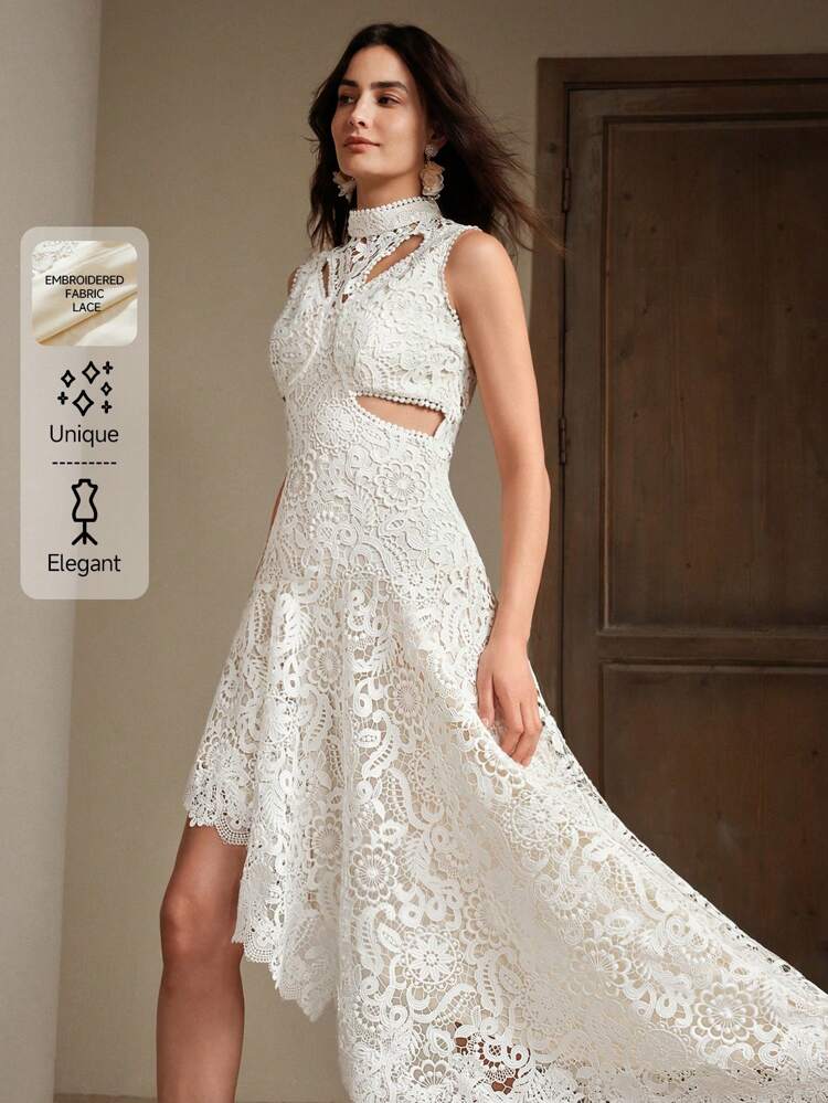 Elegant Women's Lace Hollow-Out Embroidered Asymmetrical Hem Dress, Suitable For Gala, Date, Romance, Spring/Summer Outfits