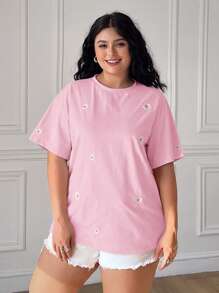 Solflare Plus Size Blue Daisy Embroidered Casual Short Sleeve T-Shirt, Spring Summer Clothes - Pink - View 3