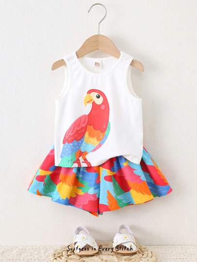 Cozy Pixies Conjunto de 2 piezas para bebé niña con parte superior de punto de cuello redondo y sin mangas con estampado de loro y pantalones cortos de cintura elástica