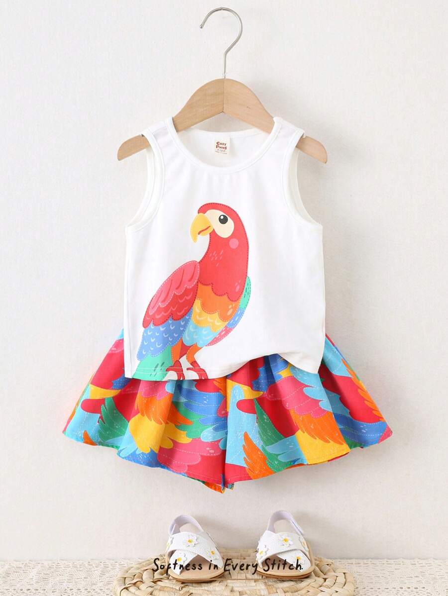 Cozy Pixies Bộ 2 món áo ba lỗ cổ tròn không tay dệt kim mềm mại họa tiết con vẹt cho bé gái và quần short cạp chun - Nhiều màu - Xem 1