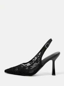 CUCCOO HITCHD 女士新款夏季刺绣蕾丝尖头优雅浪漫黑色网眼新娘婚礼派对细高跟鞋 - 黑色 - 查看 10