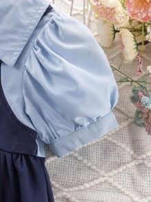 SHEIN 年轻女孩夏季拼布灯笼袖刺绣腰带 A 字连衣裙，校园风格