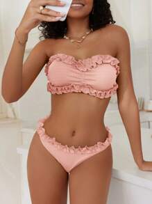 Swim Mod Women's Solid Color Frill Trim Bandeau Sexy Bikini Swimsuit Set For Summer Beach Vacation - Watermelon Pink - View 3