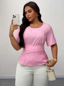 SHEIN Unity 女式加大码夏季圆领设计收腰短款珍珠装饰上衣