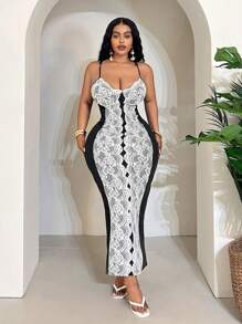 Maweii Plus Size Women's Elegant Romantic Lace Patchwork Slip Dress, Club Party Summer New Arrival