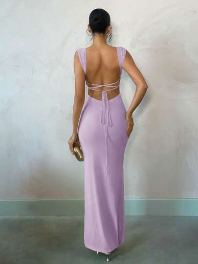 SHEIN BAE Summer Seaside Beach Vacation Light Yellow Pastel Macaron Sexy Backless Long Dress, Suitable For Daily Dating, Night Out, Nightclub, Party, Get-Together, Cocktail Party, Pool Party, Holiday Dress Dresses For Wedding Event Party Dresses For Women