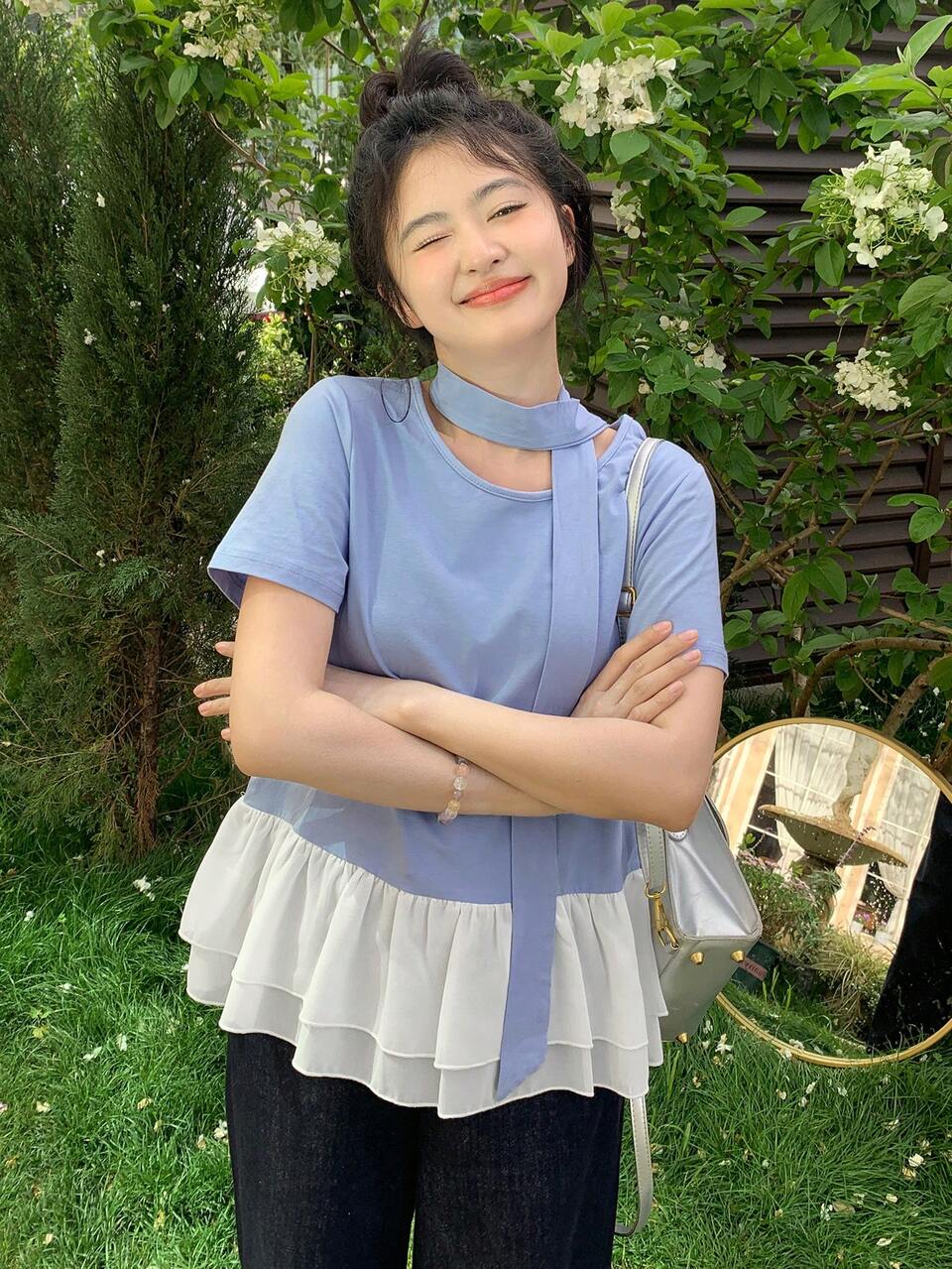 Women Summer Casual Elegant Ruffled Hem Tie-Neck Short Sleeve Top