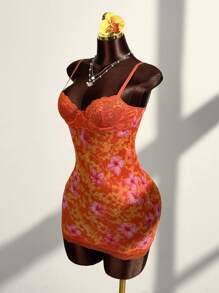 Amplova 蕾丝杯细节热带花卉网眼紧身迷你连衣裙