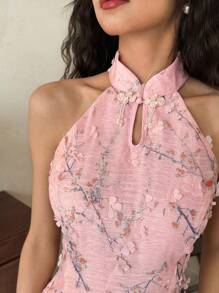 EastFlair Vestido largo de verano de mujer con estilo elegante chino, estampado floral 3D y cuello halter