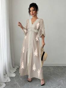 Rafferiza 女式撞色饰边长袖图案印花休闲长裙 - 卡其色 - 查看 3