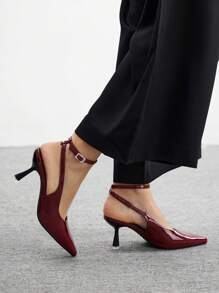 CUCCOO BIZCHIC Women's Fashion Patent Leather Pointed Toe Mule Shoes With Rhinestone Buckle Strap And Slim Mid Heel, Wine Red Color, Suitable For Commuting, Dating, Party, Wedding And Other Occasions - Burgundy - View 5