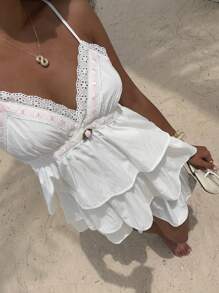 Lyxana 女式度假海滩休闲花卉荷叶边装饰多层下摆吊带迷你连衣裙 - 白色 - 查看 8