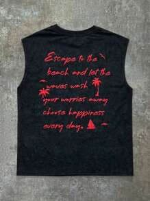 SHEIN Tween Boy Casual Street Fashion Beach Theme Washed Distressed Comfortable Fabric Loose Fit Round Neck Top, Suitable For Commuting, School, Daily Casual, Sports, Spring/Summer - Black - View 2