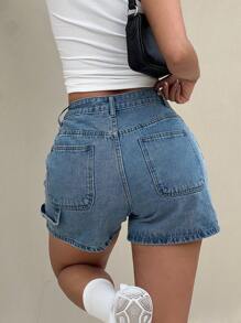 SHEIN ICON Women's Fitted Short Length Denim Shorts, Blue - Medium Wash - View 4