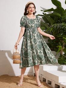 SHEIN Teens Girls Print Pattern Square Neck Puff Sleeve Pleated Waist Fitted Short Dress, Suitable For Summer Outings And Vacations - Dark Green - View 5