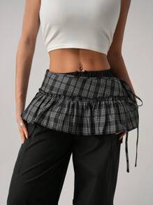 SHEIN ICON Women's Black Plaid Ruffle Hem A-Line Super Short Skirt - Black - View 3