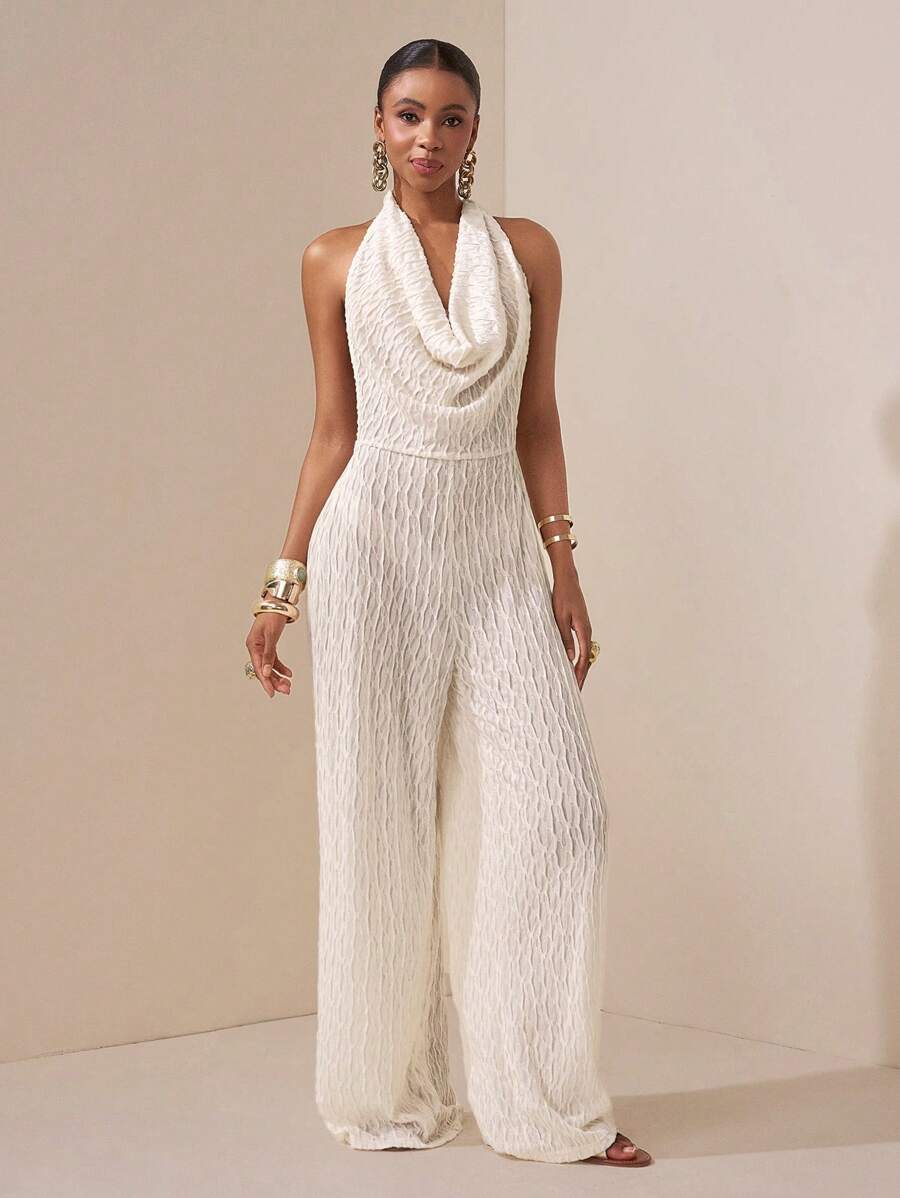 Zivah 2025 春夏新品音乐节、复活节、圣帕特里克节、西部风、游牧风、生日派对、毕业季、学院风、学生风、日常休闲装、百搭百搭、休闲装、度假装、邮轮旅行、海滩装、日光浴装、社交媒体爆红装、街头装、婚礼宾客装、杏色露背系带纹理针织连体裤修身连身裤 - 杏色 - 查看 1