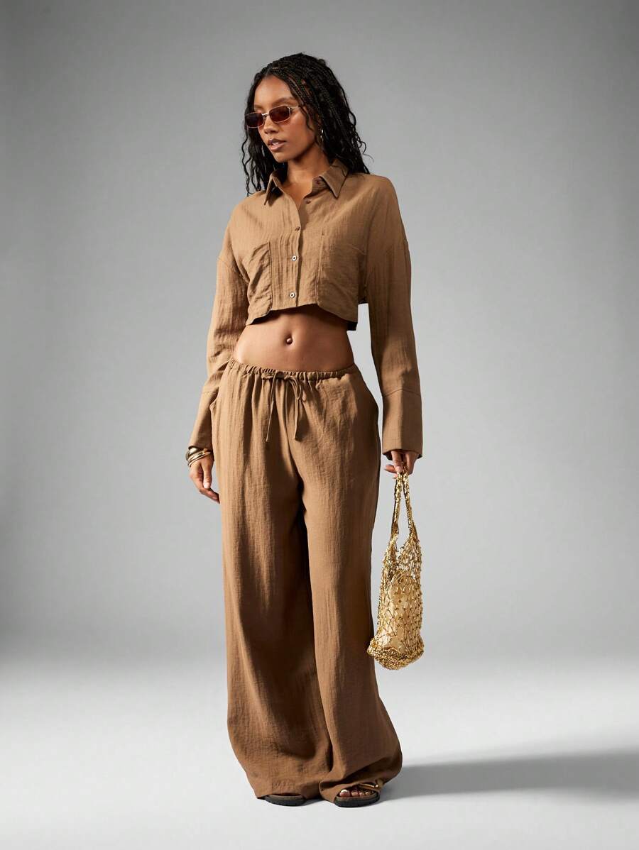 MISSGUIDED Linen Summer Resort Vacation Two Piece Set Loose Fit Crop Button Down Top Wide Leg Palazzo High Waist Pants Beach Travel Outfit