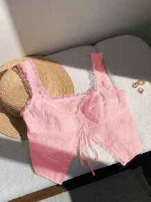 Comfortcana Pink Woven Ladies Tie Front Sweet Casual Summer Tank Top - Pink - View 4