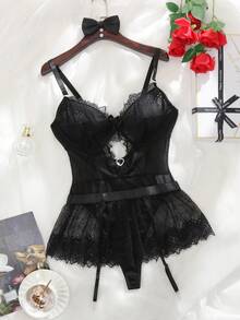 Seduluxe 2pcs Sexy Black Lace Patchwork Lingerie Set (Without Garter Belt) - Black - View 1