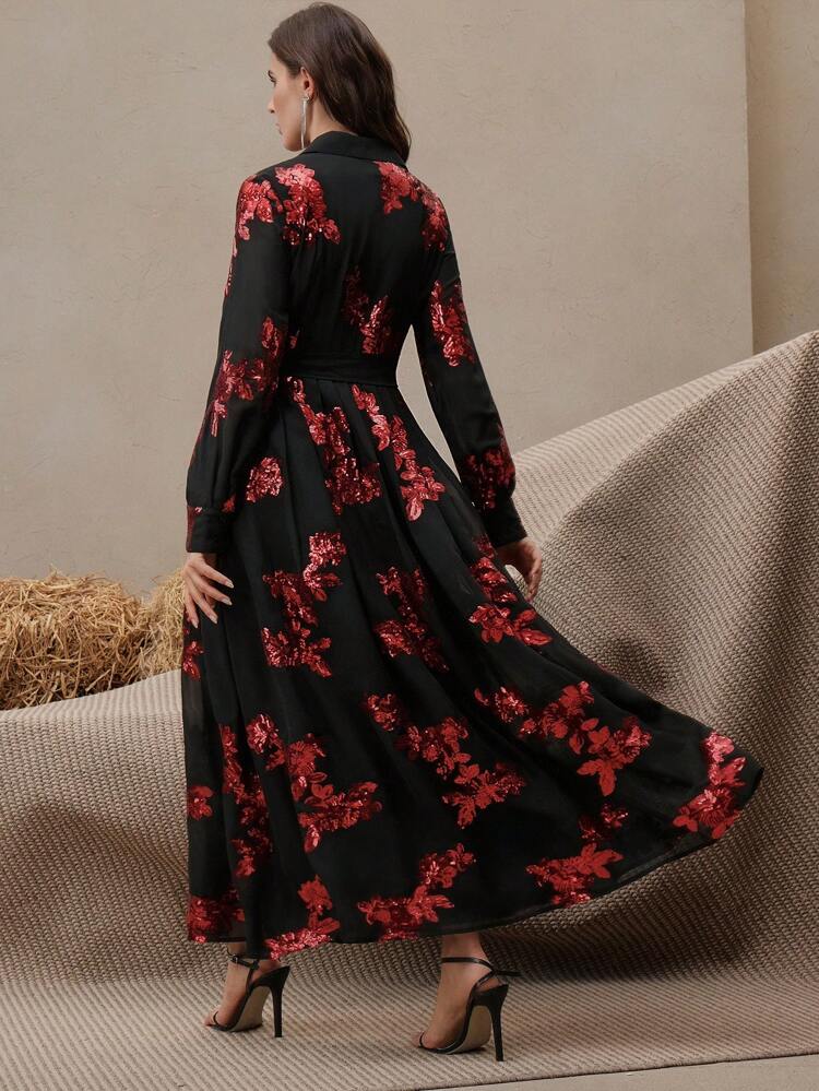 Spring New Arrival Rose Bead Embroidery Colorblock Long Sleeve Polo Collar Partial Button Down Long Dress With Belt